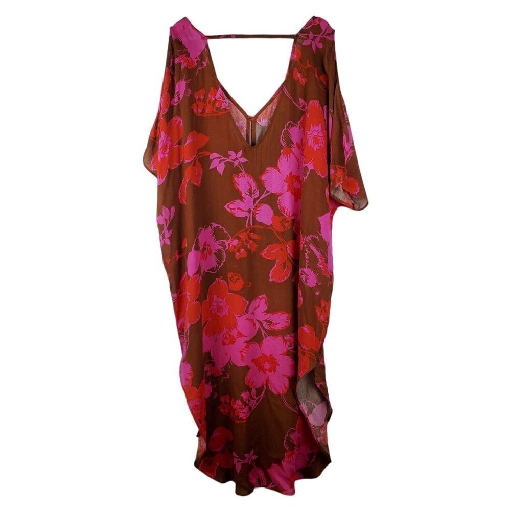 CAbi Tahitian Breezy Coverup‎ M/L Button Front Dress Kaftan Kimono Pink Brown